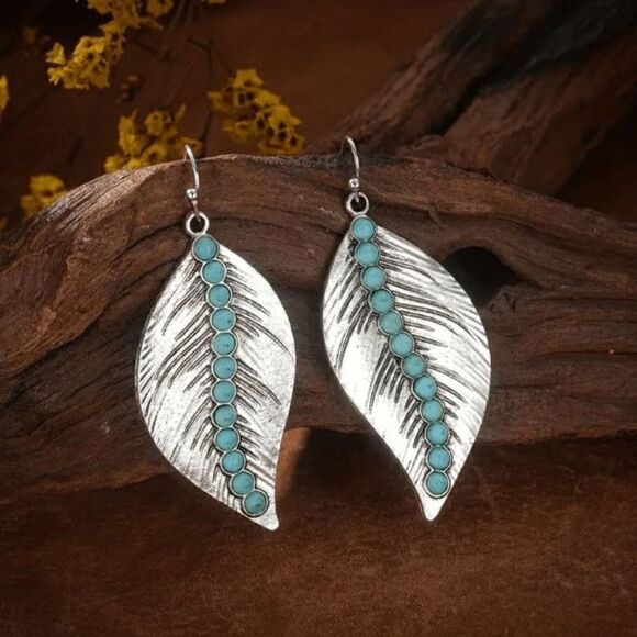 Bohemian Western Leaf Shaped Silver Turquoise Earrings - Picture 1 of 6